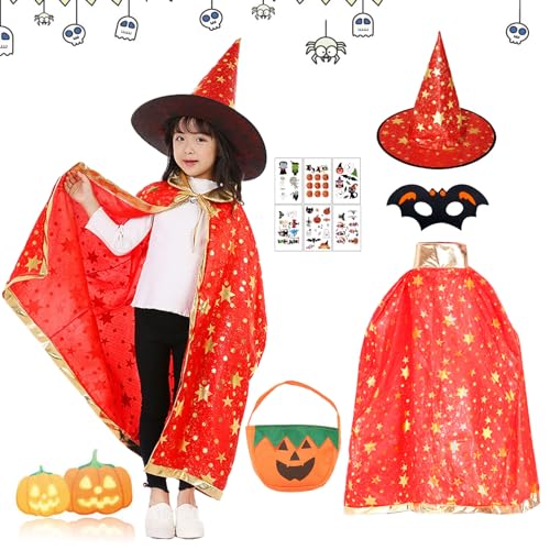 Halloween Zauberer Kostüm für Kinder Mit Wizard Cape, Zaubererhüte, Kürbistüte, Fledermaus Maske, 20 Tattoos, Zauberumhang für Cosplay - Rot von Mizijia