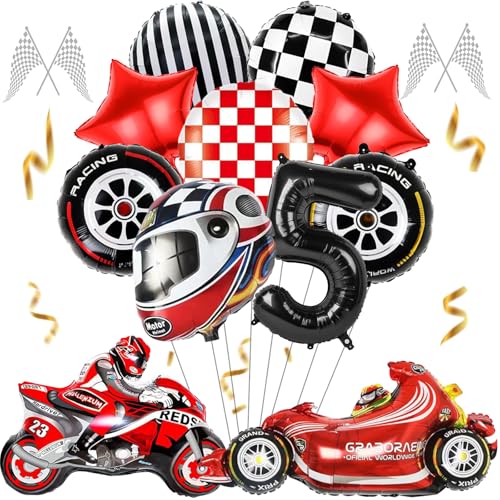 Mizijia 11 Stück Rennauto Geburtstagsdeko 5 Jahre Junge, Motorrad Renngitter Luftballons Set, Party Deko Ballons, Helm Folienballon Deko, Kinder Luftballons Deko, Geburtstag Deko Party (5) von Mizijia