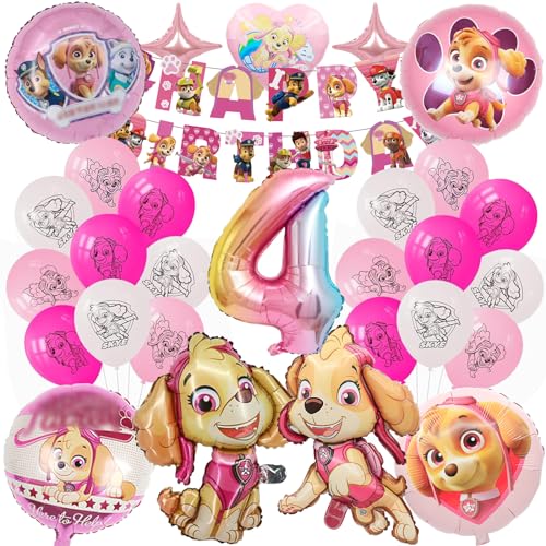 Mizijia 26 Stück Paw Dog Geburtstag Party Set 4 Jahre Mädchen, Luftballons Geburtstag Set, Kindergeburtstag Set, Paw Dog Geburtstagsdeko Ballons Set, Geburtstag Deko Party Set für Kinder（4） von Mizijia