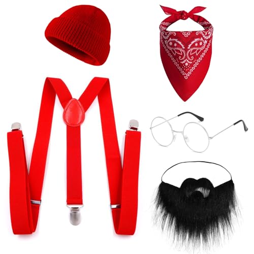 Mizijia 5-teilige Männer Halloween-Kostüm-Set mit Silbergläser, Roter Turban, Melonhauthut, Gurtclip und Falschem Bart, Perfekt für Rollen oder als Geschenk von Mizijia