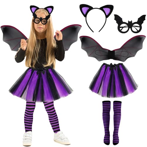 Mizijia Fledermaus Kostüm Kinder,Mädchen Vampir Kostüm mit Fledermausflügel + Schwarz-Lila Tüllrock + Socken + Haarspangen + Fledermaus Maske 5 Stücke Set für Halloween Cosplay Party für Kinder Mizijia Fledermaus Kostüm Kinder,Mädchen Vampir Kostüm mit Fledermausflügel + Schwarz-Lila Tüllrock + Socken + Haarspangen + Fledermaus Maske 5 Stücke Set für Halloween Cosplay Party für Kinder von Mizijia