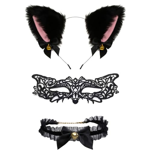 Mizijia Fuchsohren Haarreif, Katzenohren Haarreif, Fox Ears, Katzen Ohren Halloween Haarschmuck mit Fuchsmaske, Glöckchen Choker Schwarz, Cat Ears Glöckchen Haarschmuck für Kinder Erwachsene Cosplay von Mizijia