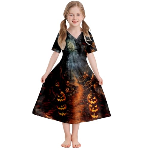 Mjjsk Halloween Gruseliges Kostüm für Mädchen, blutiger Geist, Kürbis, kurzärmelig, ausgestelltes Kleid, Kinder, lässig, Geburtstagsparty, festliche Outfits, A-2-Orange, 13-14 Jahre von Mjjsk