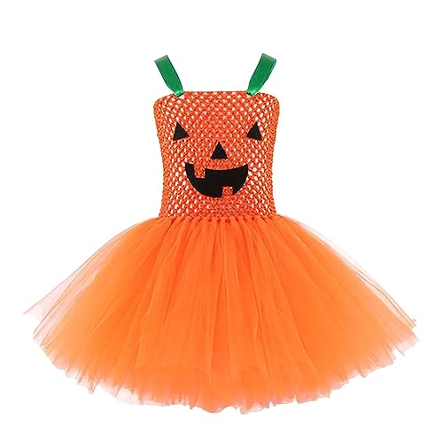 Mjjsk Halloween-Kleider für Mädchen, Urlaub, Geburtstag, Tüllkleid, Spaghettiträger, Freizeitkleid, Neuheit, Karneval, Fasching, Orange, 7 Jahre von Mjjsk