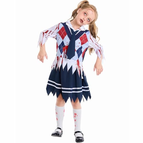 Mjjsk Halloween-Kostüm für Mädchen, Zombie-Schulmädchen, blutiges, gruseliges Outfit, Kinder, Urlaub, Karneval, Neuheit, Event, Partykleider, blau, 140 von Mjjsk