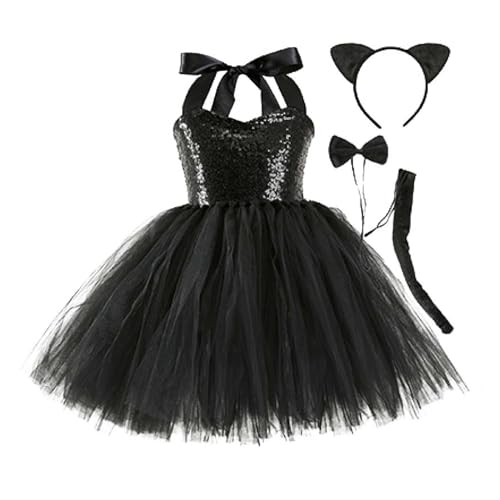 Mjjsk Halloween-Kostüme für Mädchen, Urlaub, Geburtstag, Tüllkleid, ärmellos, modisches Kleid, Kinder, Neuheit, Karnevals-Outfit, Schwarz , 4-6 Jahre von Mjjsk