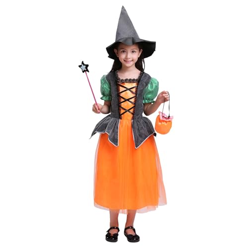Mjjsk Kinder Halloween-Kleid Mädchen Prinzessin Hexe Karneval Urlaub Fancy Outfit Geburtstagsfeier Tüll Kleider Kinder Mode Kleid, Orange, 4-5 Jahre von Mjjsk