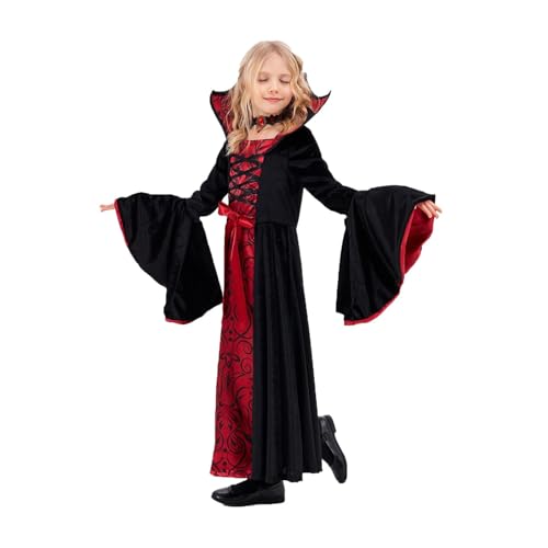 Mjjsk Mädchen Gothic Vampirkönigin Kostüm Halloween Prinzessin Hexe Neuheit Party Outfits Mittelalter Renaissance Vintage Motto Kleid, Schwarz , 5-6 Jahre von Mjjsk