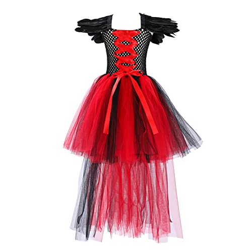 Mjjsk Mädchen Partykleid Hexe Halloween Verkleidung Kinder Prinzessin Tüll Gothic Cosplay Urlaub Outfits Karneval Geburtstag Festzug Kleider, rot, 140 von Mjjsk