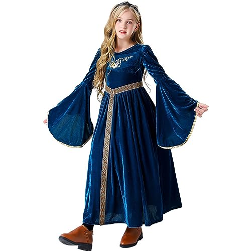 Mjjsk Mädchen Renaissance Prinzessin Kleid Maiden World Book Day Woche Historisches Kostüm Halloween Mittelalter Party Outfit Samt Kleid, blau, 5-6 Jahre von Mjjsk
