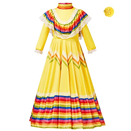 Mjjsk Traditionelles festliches Kleid für Mädchen, Regenbogenfarben, Geburtstag, Party, Schule, Tanzkleider, Halloween, Karneval, Fasching, Retro, Ballkleid, gelb, 4-6 Jahre von Mjjsk