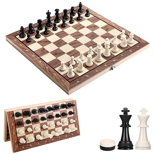 Schachspiel Magnetisch, 3 In 1 Schachbrett Holz Hochwertig Schach und Dame, Einklappbar und Tragbar Chess Board Set für Erwachsene Kinder Party Reisen (29x29cm) von Mkitnvy