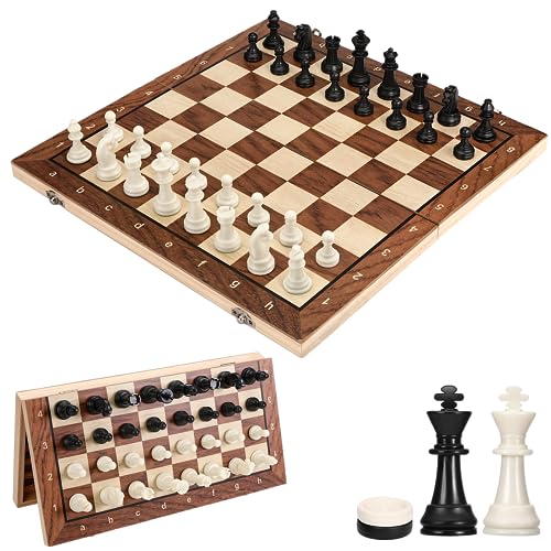 Schachspiel Magnetisch, 3 In 1 Schachbrett Holz Hochwertig Schach und Dame, Einklappbar und Tragbar Chess Board Set für Erwachsene Kinder Party Reisen (39x39cm) von Mkitnvy