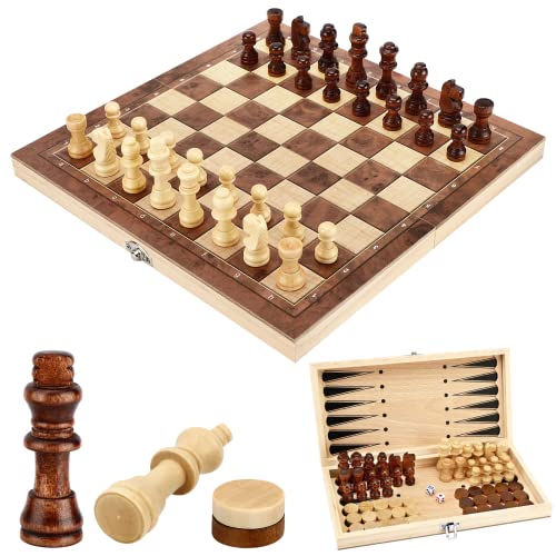 Schachspiel, 3 in 1 Schachbrett Holz Hochwertig Schach Dame Backgammon, Tragbares und Faltbares Chess Board Set, Schachspiel Klappbar für Kinder Erwachsene Party Reisen - 29x29cm von Mkitnvy