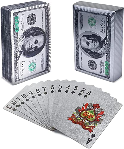 2 Decks von Spielkarten, Dollars Luxus Silberfolie wasserdichte Pokerkarten Standard Index für Tischspiel, Party, magische Requisiten (Silber) von Mlian