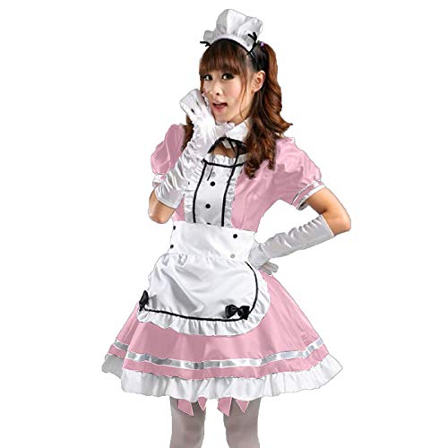 Mllkcao Maid Dress Damen Cosplay Kostüm Outfits Dienstmädchen-Kostüm Hausmädchen-Kostüm French Anime Kawaii Kleid mit Schürze Gefälschter Kragen Kopfbedeckungen 4-teiliges Set (Rosa, 4XL) von Mllkcao