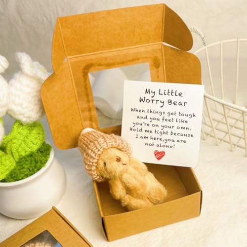 Mlthcig Little Bear in Box, Handgemachter Mini Teddybär im Kasten mit Mütze, Plüschbär Trostgeschenk für Freunde, Mitgefühlskarte enthalten, Für Abschied, Mut und Aufmunterung(Braun) von Mlthcig