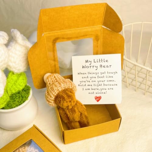 Mlthcig Little Bear in Box, Handgemachter Mini Teddybär im Kasten mit Mütze, Plüschbär Trostgeschenk für Freunde, Mitgefühlskarte enthalten, Für Abschied, Mut und Aufmunterung(Coffee) von Mlthcig