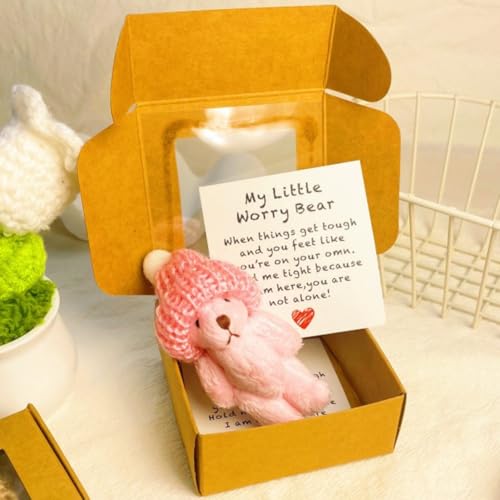 Mlthcig Little Bear in Box, Handgemachter Mini Teddybär im Kasten mit Mütze, Plüschbär Trostgeschenk für Freunde, Mitgefühlskarte enthalten, Für Abschied, Mut und Aufmunterung(Pink) von Mlthcig