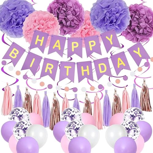 Geburtstagsdekorationen, rosa und violette Luftballons mit "Happy Birthday"-Banner Pompons, rosa lila Geburtstagsparty-Dekorationen für Babyparty, Hochzeit Geburtstagsdekorationen, rosa und violette Luftballons mit "Happy Birthday"-Banner Pompons, rosa lila Geburtstagsparty-Dekorationen für Babyparty, Hochzeit von Mmgoqqt