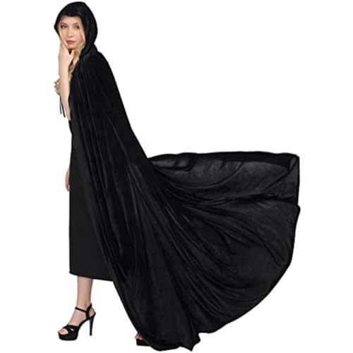 Mmnuagebleu Unisex Erwachsene Halloween Samt Robe Umhang mit Kapuze Lange Hexe Kostüm Vampir Rabe Cosplay Umhänge Robe-Schwarz, M (für 140-160cm) von Mmnuagebleu