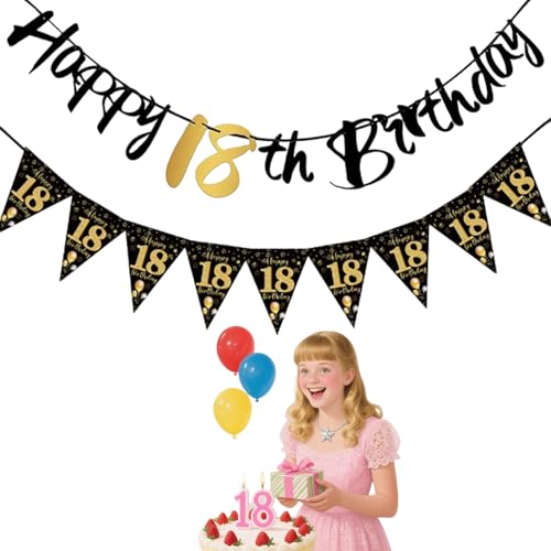 Deko 18. Geburtstag Junge Mädchen,18 Geburtstag Deko,Happy 18 Birthday Girlande Banner Wimpelkette,Geburtstagsdeko Schwarz Gold,Geburtstagsbanner Wimpelgirlande Aufhängen für Hintergrund Partydeko von MniimaLuxe