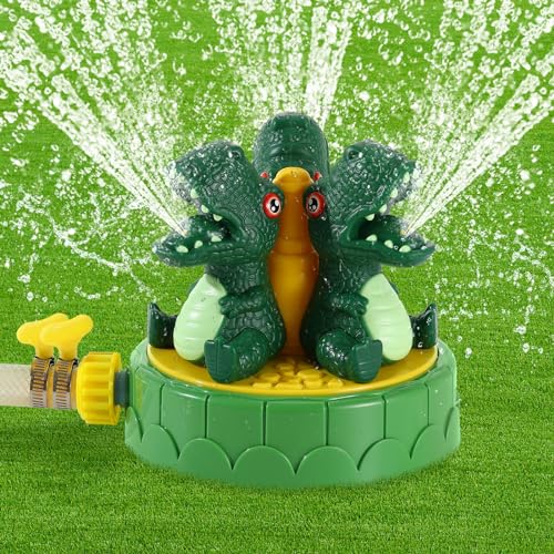 MoKo Dinosaurier Wassersprinkler für Kinder, Niedliches Outdoor Wasserspielzeug, Schwimmbad Spielzeug mit 2 Schlauchklemmen & 3 Düsen, Sommer Wasserspielzeug für Rasen Garten Jungen Mädchen, Grün von MoKo