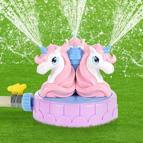 MoKo Einhorn Wassersprinkler für Kinder, Niedliches Outdoor Wasserspielzeug, Schwimmbad Spielzeug mit 2 Schlauchklemmen & 3 Düsen, Sommer Wasserspielzeug für Rasen Garten Jungen Mädchen, Pink von MoKo