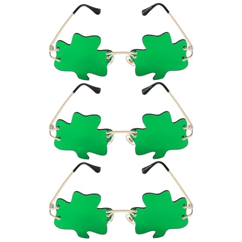 MoKo Kleeblatt Sonnenbrille, 3 Paar Kostümbrille Metallrahmen Grüne Brille Party Deko für St. Patrick's Day, Irische Kleeblatt Brille Kostüm Brille für Damen Herren Kinder, Dunkelgrün von MoKo