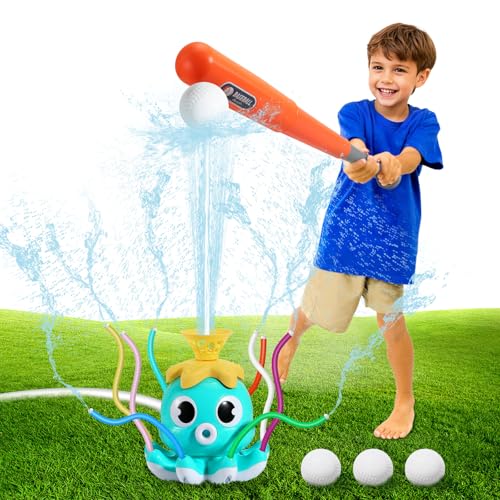 MoKo 2-in-1-Wassersprinkler & Baseball für Kinder, Octopus Outdoor-Kleinkind-Spielzeug für Hof Rasen Garten Pool, Himmelblau von MoKo