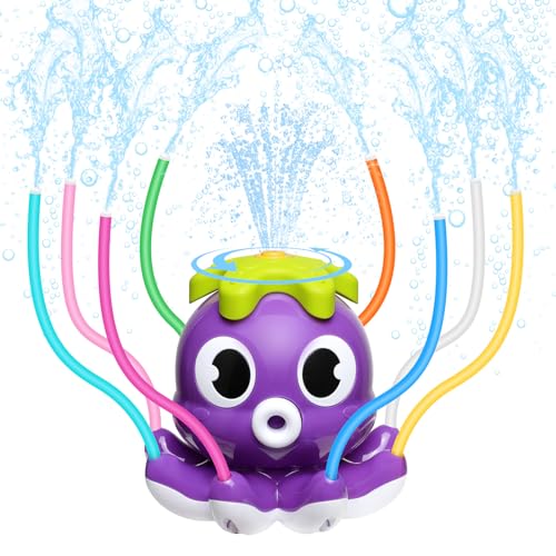 MoKo Wassersprinkler für Kinder, Niedliches Outdoor Wasserspielzeug, Schwimmbad Spielzeug mit 8 Wackelrohren & 2 Schlauchklemme, Sommer Kraken Wasserspielzeug für Jungen Mädchen Haustiere, Lila von MoKo