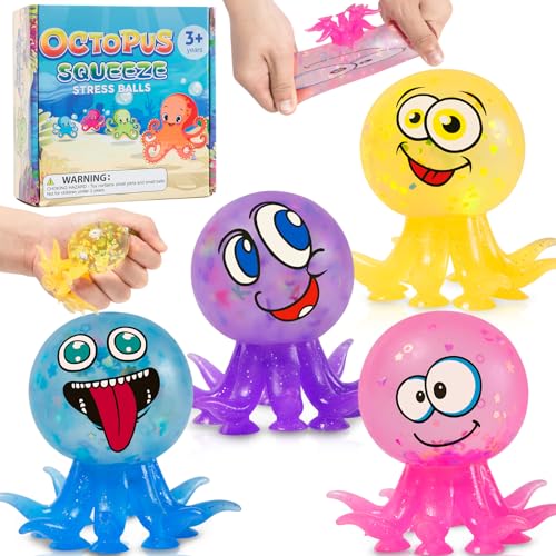 Mozkkiz Octopus Stress Bälle für Kinder mit ADHS, 4 Pack Octopus Squeeze kleine Spielzeug, Octopus Angst Stressabbau kleine Spielzeug für Erwachsene von MoZkkiz