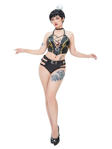 Mobbunny Anime-Derivate-Cosplay-Set für Damen, Neckholder-Top und Cutout-Shorts mit Armring-Gürtel von Mobbunny