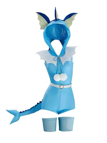 Mobbunny Anime Derivative süßer Strampler für Damen, Einteiler, Body, Sommer, mit Kapuze, Hauskleidung mit Ärmeln und Schwanz, Blau, M von Mobbunny