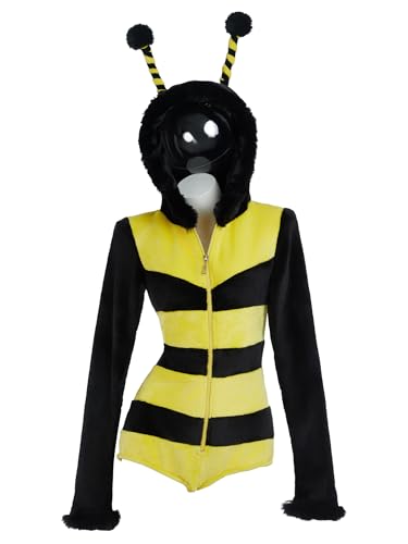 Mobbunny Bienenkostüm für Damen, Cosplay-Kostüm, flauschiger Strampler, flauschiger Einteiler, Pyjama, Overall, Halloween, Party-Kostüm (gelb, mittel) von Mobbunny