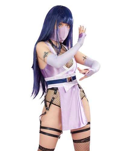 Mobbunny Damen Anime Cosplay Kostüm Lila Hoher Schlitz Bodysuit Fischnetz Mesh Body mit Maske und Oberschenkelsocken, Violett, Small von Mobbunny