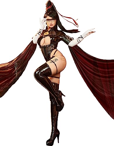 Mobbunny Damen Anime Derivative Cosplay Bodysuit mit Oberschenkelsocken und Beinringen PU Leder Halloween Kostüm (schwarz, groß) von Mobbunny