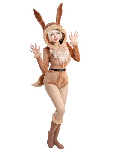 Mobbunny Damen-Einteiler, Tier-Strampler, flauschig, flauschig, mit Kapuze, Hauskleidung, Weihnachten, Halloween, Cosplay, Braun, S von Mobbunny