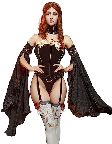 Mobbunny Damen Mittelalter Einteiler Bodysuit Tube Top Korsett Samt Leotard Kostüm mit Strümpfen und Tüllärmeln (schwarz, groß) von Mobbunny