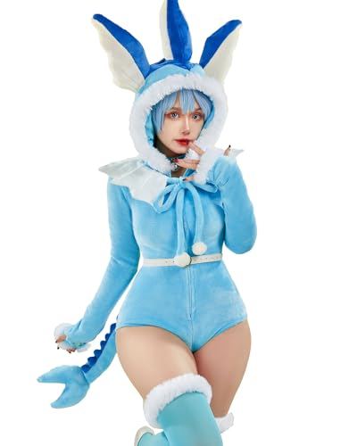 Mobbunny Tier-Cosplay-Kostüm für Damen, Einteiler, Pyjama, Nachtwäsche, Halloween, Strampler, flauschig, mit Kapuze, flauschig, Blau von Mobbunny