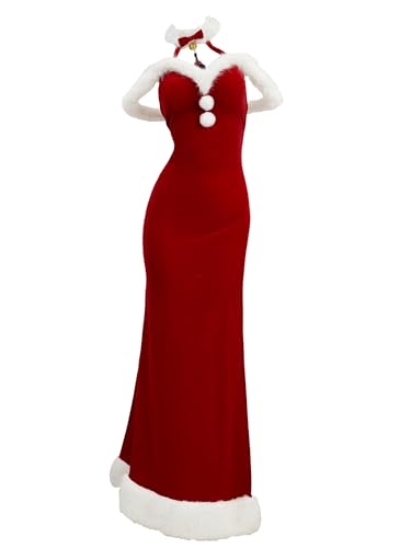 Mobbunny Weihnachtskleid für Damen, rot, flauschig, hoher Schlitz, rückenfrei, langes Kleid mit Hut und Handschuhen, Rot/Ausflug, einfarbig (Getaway Solids), S von Mobbunny