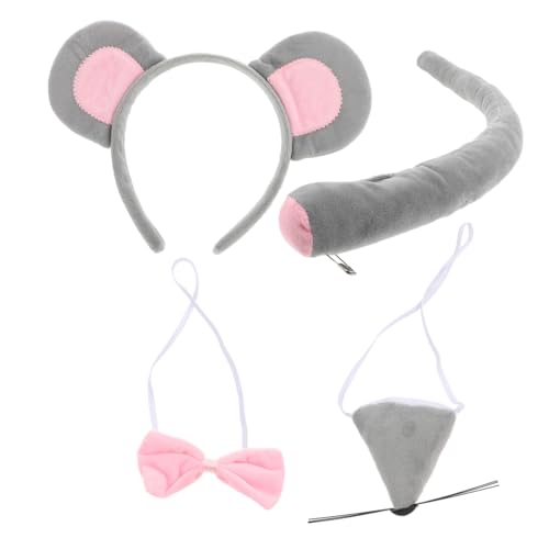 Mobestech 1 Satz Kostüm Set mit Haarreif Fliege und Nase für Halloween und Karneval Teiliges Cosplay Zubehör für Damen Süßes Tierkostüm mit Grauen Ohren und Pinker Schleife von Mobestech