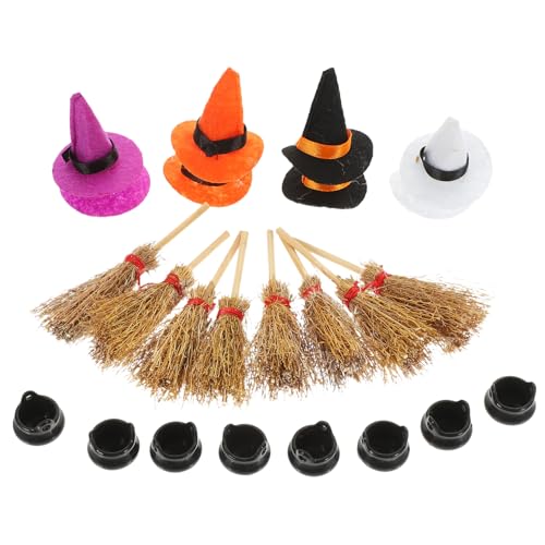 Mobestech 1 Satz Miniatur Hexenhüte Set DIY Dekoration für Puppenhäuser Kleine Landschaften Bastelprojekte Mini Besen Filigrane Gestaltung Zubehör für Halloween Dekoration von Mobestech