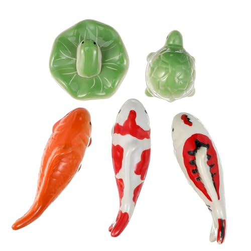 Mobestech 5 Stück Teiliges Schwimmendes Keramik Fischskulpturen mit Lebensechten Goldfisch Schildkröten und Froschfiguren Robuste Aquarien Dekoration für Teich Garten und Aquarium von Mobestech