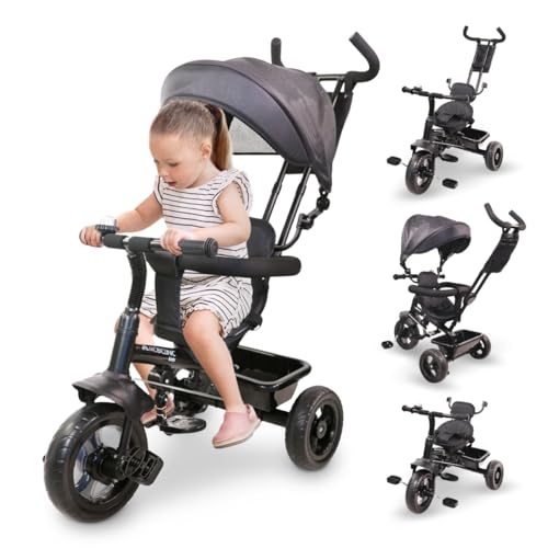 Mobiclinic®, Dreirad mit Schubstange, 3 in 1, Lulu, 18 Monate bis 5 Jahre, Kinderfahrrad, 360° drehbarer Sitz, Verstellbarer Lenker und verdeck, Sicherheitsgurt, Korb klingel von Mobiclinic