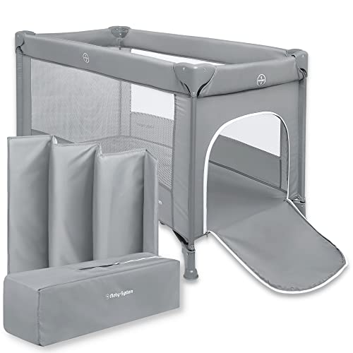 Moby-System Babybetten für Babys und Kinder ab Geburt bis 15 kg, 128 x 68 cm, Leicht, Kompakt Faltbar, Inkl. Trage Tasche, Reisebett Baby Laufstall, Kinderbett, Praktisches Zubehör, Grau von Moby-System