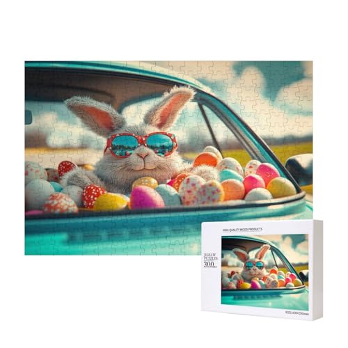 300 Teile Klassische Puzzles, Der Osterhase Fährt EIN Auto Voller Ostereier, Helle Farben, Abstrakte Kunst, Geschenke Für Puzzle Liebhaber von MocArt