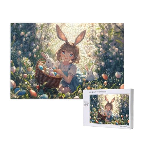 Puzzle 1000 Teile, Fantasie-Kunst-Puzzle, Niedliches Mädchen Mit Hasenohren Und Osterei-Häschen, Geschenke Für Puzzles Liebhaber von MocArt