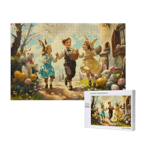Puzzle 1000 Teile Erwachsene Kunstwerke, Fantasie-Kunst-Puzzle, Osterparade, Junge Und Mädchen, Hase, Ostereier, Puzzles, Lernspiel Herausforderung Spielzeug von MocArt