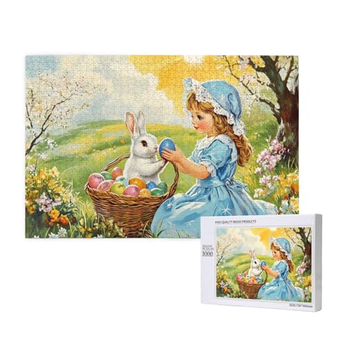 Puzzle 1000 Teile Erwachsene Kunstwerke, Niedliche Kleine Mädchen Und Weißes Kaninchen Teilen Ostereier Warme Szene Puzzles, Einzigartige Geschenke von MocArt